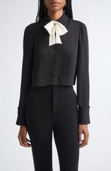 サンク セプト レディース トップス シャツ コントラスト Cinq Sept Zaida Contrast Bow Crop ButtonUp Shirt BLACK IVORY アイボリー
