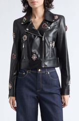 サンク セプト レディース アウター ジャケット・ブルゾン レザー フェイクレザー Cinq Sept Genevieve Baroque Patches Faux Leather Moto Jack