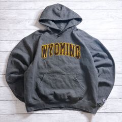 カレッジロゴ CHAMPION HOODIE チャンピオン グレー 杢グレー イエロー ブラック WYOMING カレッジロゴ プルオーバーパーカー 古着 #26509