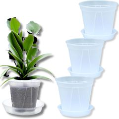 特価商品 5号 4個セット スリット鉢 オーキッドポット 観葉植物 底皿付き プラスチック 透明 植木鉢 Lab. 良品ラボ RYOHIN