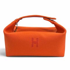 상태매우좋음 HERMES エルメス ブリッド ア ブラック PM コットン シルバー金具 セリエボタン ポーチ ハンドバッグ オレンジ フランス製 袋付き