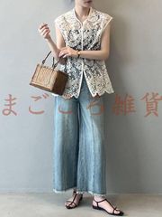 透かし編み ベスト レディース ニットベスト 前開き 夏 ベスト カーディガン ノースリーブ きれいめ クロシェ編み かぎ編み レース ノースリーブ 森ガール トップス カーディガン