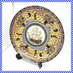 有田焼 長寿 特大皿 42cm 金彩赤絵南蛮人黒船紋 飾り皿 飾皿 色絵 金彩 伊万里焼 陶芸 錦手 古伊万里様式 骨董 スタンド付き