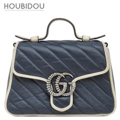グッチ GUCCI 2WAYバッグ GGマーモント ミニトップハンドル レザー ネイビー×ホワイト シルバー金具 紺 白 ショルダー 583571 箱 중고