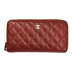 CHANEL シャネル マトラッセ 長財布 レディース ラウンドジップ ファスナー キャビアスキン キルティング レッド シルバー金具 A50097 중고 T1
