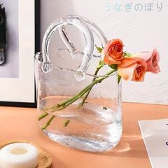 1個、花用ガラスハンドバッグ型花瓶、ハンドルと泡付きクリアバッグ花瓶、19.56cm X 18.54cm ハンドバッグ型花瓶、センターピース結婚式のテーブルデコレーション用のユニークな装飾花瓶ハンドバッグ型ガラス製フラワーベース -