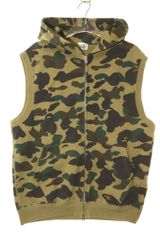 アベイシングエイプ A BATHING APE グリーンカモ ノースリーブ パーカー S フーディ ジップ スウェット ベスト 迷彩 総柄 カーキ 【ブランド古着ベクトル】【中古】261028