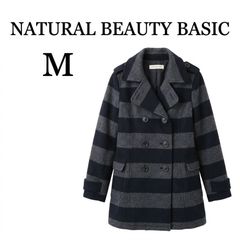 ナチュラルビューティーベーシック NATURAL BEAUTY BASIC Pコート ピーコート ボーダー ミドル ウール スリット ダブル M 黒 ブラック