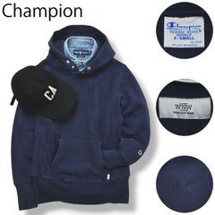 【別注】 Champion チャンピオン x WNW ワークノットワーク リバースウィーブ スウェット パーカー 裏起毛 Cロゴ XS ネイビー アメカジ ストリート メンズ
