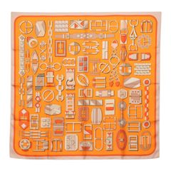 헤르메스 칼레90 Carre en Boucles 칼레 책상 스카프 대형 스카프 오렌지 실크 여성 HERMES 1-0292708