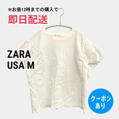 ZARA ザラ Tシャツ カットソー USA M ホワイト 無地 半袖 ミドル丈 クルーネック 丸首 여성