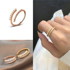 指輪 フリーサイズ リング レディース パール ビジュー 2連風 ダブルライン 重ね付け キュービックジルコニア イミテーションパール 18kコーティング ゴールド ピンクゴールド 華奢 上品 大人可愛い おしゃれ 結婚式 プレゼント ギフト 배송비 무료