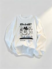 ポケットから顔を出す黒猫 落書きグラフィティ調モノクロイラスト 男女兼用ゆったり長袖 T シャツ ストリート系 猫好き