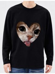 ハート型 舌を出す可愛い猫 リアル調デザイン 男女兼用ゆったり長袖 T シャツ ブラック 猫好き