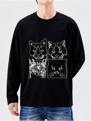 4 匹の猫 白線画コラージュ アート調 男女兼用ゆったり長袖 T シャツ ブラック 猫好き