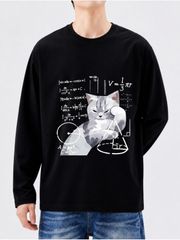 数式に囲まれた眠たい銀猫 理系ネタ 男女兼用ゆったり長袖 T シャツ ブラック 猫好き