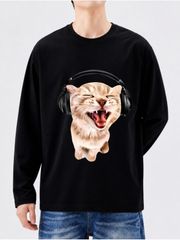 ヘッドホンを着用し歌う茶トラ猫 リアルイラスト 男女兼用ゆったり長袖 T シャツ ブラック 猫好き