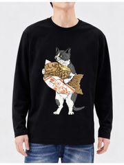 たい焼きを抱える可愛い猫 和風 레트로 イラスト 男女兼用ゆったり長袖 T シャツ ブラック 猫好き