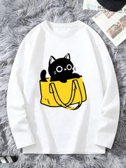 黄色いトートバッグから顔を出す黒猫 シンプルで可愛い線画イラスト 男女兼用ゆったり長袖 T シャツ カジュアル 猫好き