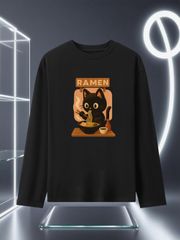 RAMEN お箸でラーメンを食べる黒猫 カフェ風ゆるイラスト 男女兼用ゆったり長袖 T シャツ ブラック 猫好き