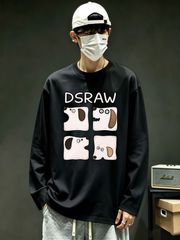 DSRAW 4 種類の表情のパズル犬 カジュアル可愛いデザイン 男女兼用ゆったり長袖 T シャツ ブラック 犬好き