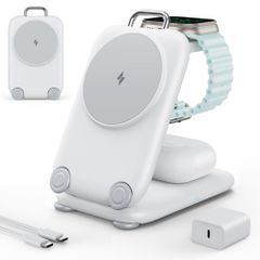 Mukiya 3in1 ワイヤレス充電器 MagSafe充電器 折りたたみ式 3in1充電器 15W/10W/7.5W 20W USB-C充電器+1.5mケーブル付き iPhone/Apple Watch/AirPods対応 3台同時充電 角度調整可能 マ