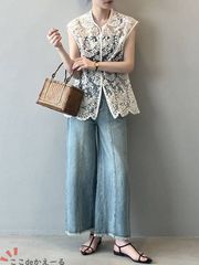 透かし編み ベスト レディース ニットベスト 前開き 夏 ベスト カーディガン ノースリーブ きれいめ クロシェ編