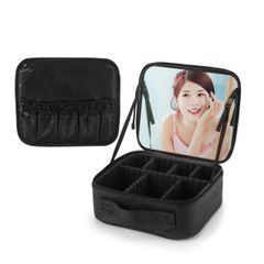 LEAFEEL-「Viaggio」メイクボックス 鏡付き 化粧ポーチ 大容量 化粧品収納 コスメボックス 旅行用 コスメポーチ スキンケア 収納メイクブラシスキンケア収納ケース 調節可能仕切り付き プロ用メイクポーチ (標準版 ブラック) 0
