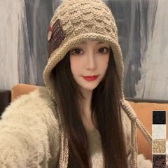 配色パッチ付き ボンネット風 ニット帽 レディース 可愛い 耳当て付き ニットぼうし 被りやすい ニットキャップ 韓国風ニット帽 大人カジュアル 防寒帽子 秋冬 ニットビーニー深め ローゲージ黒 旅行 小顔編み帽子暖かい pp029