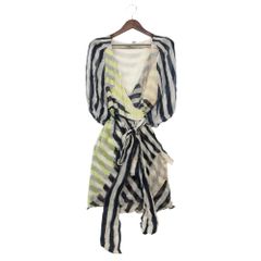 DIANE VON FURSTENBERG ダイアンフォンファステンバーグ ワンピース 長袖 ラップ 巻き カシュクール シルク100％ ボーダー柄 インナー付き 七分袖 マルチカラー 10【L】 レディース 【中古】