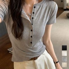 半袖ヘンリーネックtシャツ丸首カットソー フロントボタンtシャツレディース クルーネックtシャツ きれいめカジュアル 韓国風シンプルおしゃれ タイトトップス着やせ 細見えTシャツ無地 着回しカットソー夏 ベーシックトップス pp029