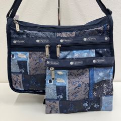 A1212 LeSportsac レスポートサック ショルダーバッグ 斜めがけ 紐調節可能 デラックスエブリデイ マチ拡張 デニムキルト パッチワーク ブルー系 青 ナイロン 軽量 ポーチ付き レディース