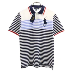 未使用 POLO RALPH LAUREN ポロラルフローレン ボーダー柄 ビッグポニー刺繍 半袖 ポロシャツ M ホワイト 鹿の子 キッズ 古着