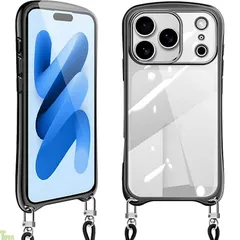iPhone 17 Pro 用 ケース クリア ショルダー いphone17 プロ スマホケース アイフォン17pro カバー 耐衝撃 肩掛け 首掛け 可愛い かわいい 韓国 透明 TPU メッキ加工 TPUバンパー 長さ調整可能 取り外し可能(ブラ