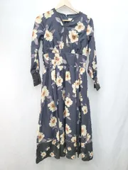 ◇ Andemiu アンデミュウ 花柄 フラワー Vネック 長袖 膝下丈 ワンピース サイズF ネイビー マルチ レディース P  【1405230010840】