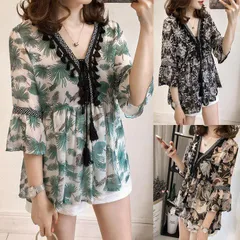 レディース ブラウス 花柄ブラウスレース オシャレブラウス Vネット ブラウス 七分袖フリル袖 春夏 大きいサイズ 韓国風 UVカット 大人 通勤#miyat4774