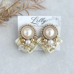 #862 インド刺繍リボン/パール/ビーズ刺繍/大ぶり/ハンドメイドピアス