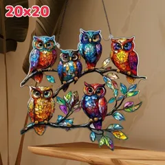 サンキャッチャー ステンドグラス風 フクロウ　ふくろう　 ドアプレート インテリア 小物 壁掛け アクリル板 羽　オブジェ 2D アクリルプレート