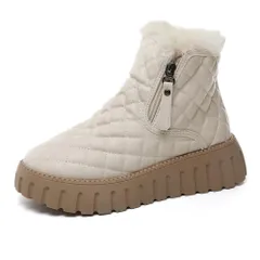 [ALVEIN] 厚底ブーツ レディース 裏ボア ショートブーツ スノーブーツ キルティング サイドジップ 防滑性 防寒 (オフホワイト, 日本の靴のサイズ寸法, 大人, 数値, 25.0 cm) [オフホワイト] [25.0 cm]