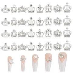【新着商品】デコレーション 可愛い キラキラ ネイルレジン用 レジン封入 デコパーツ ジュエリーネイル DIY クラウン クラウン ジュエリーパーツ ネイルラインストーン 8種 シルバー ネイル用 32個セット 王冠3D 8~10.5mm ネイルパーツ SUP