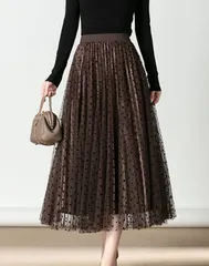 ドット柄 チュールスカート ロング丈 ウエストゴム 体型カバー 大人 きれいめ フレア Aライン 秋 冬 春 レディース 黒 茶 透け感 フェミニン 上品 ロングスカート 無地 カジュアル 通勤 20代 30代 40代 [1033]