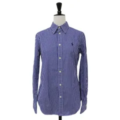 美品 POLO Ralph Lauren ポロ ラルフローレン シャツ ブルー ホワイト サイズ:2(S) ストライプ カスタムフィット シャツ / CUSTOM FIT 長袖 ポニー刺繍 コットン トップス カジュアルシャツ【レディース】