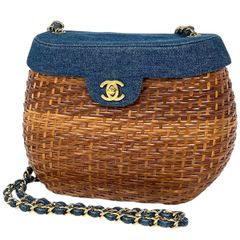 シャネル CHANEL ココマーク チェーン ショルダーバッグ カゴバッグ ターンロック ショルダーバッグ ラタン ブラウン ブルー レディース 【中古】
