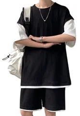 #034：ブラック_L ジャージ メンズ 上下セット 大きいサイズ スウェット 半袖Tシャツ ショートパンツ 2点セット 重ね着風 セットアップ スポーツウェア 部屋着 Black L