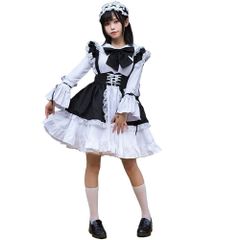 [YIUHK] メイド服 ロリータ コスプレ ハロウィン 仮装 レディース ワンピース エプロン イベント リボン 長袖 カチューシャ ニーハイソックス付き 5点セット