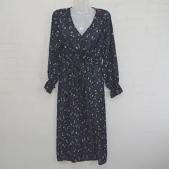 ◇ LOWRYS FARM 花柄 Vネック ブラウジング 長袖 膝下丈 ワンピース サイズL ネイビー ホワイト系 マルチ レディース P  【1302180000139】