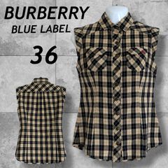 BURBERRY BLUE LABEL バーバリーブルーレーベル ロンドン レディース ノースリーブシャツ 36  ロゴボタン 刺繍ロゴ  FE532-401-40 三陽商会 チェック ブラック×ベージュ系 (F021)★