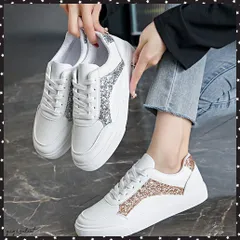 ローカットスニーカー スパンコール靴美脚 韓国風カジュアル フラットシューズ 歩きやすい おしゃれPUレザースニーカー 通勤通学レースアップスニーカー 履きやすい ホワイト くつ旅行 軽量疲れにくい靴白 運動スニーカー配色