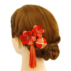 髪飾り 成人式 つまみ細工 振袖 前撮り 袴 浴衣 夏祭り 花火大会 3点セット オレンジ 玉飾り ちりめん 房付き 鹿の子 ヘアアク No.9-3291