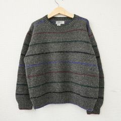 ウールセーター クルーネック ニット ボーダー グレー 灰色 XLサイズ 古着【UR-0628】